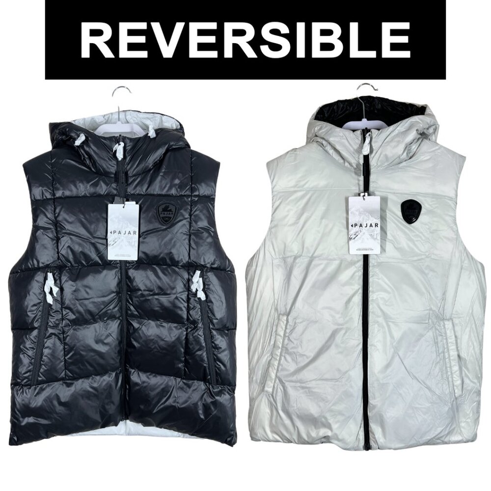 NWT Pajar Men’s Kirian Reversible Nylon Hooded Puffer Vest • Black/White • Sz L